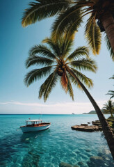 boat and palm tree on tropical islands phone wallpaper.  ai generated