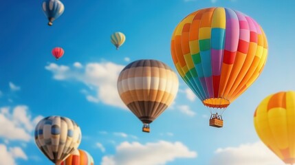 Obraz premium Colorful Hot Air Balloons in the Sky. Bright and colorful hot air balloons floating peacefully against a clear blue sky.