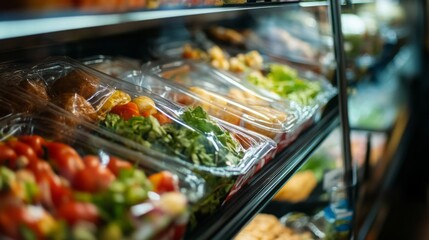 A variety of fresh vegetables and pre-packaged meals arranged neatly on shelves in a grocery store, showcasing colorful and healthy food options.