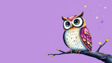 Fototapeta premium A cartoon owl perched on a branch under a starry night sky, exuding a whimsical and serene atmosphere.