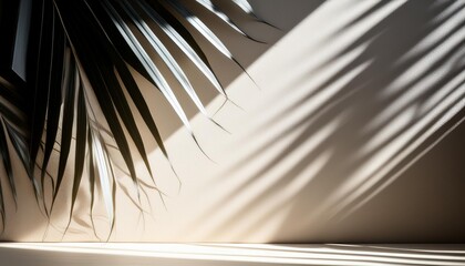 Fototapeta premium Blank Product Placement Background - A blurred shadow of palm leaves on a cream color wall