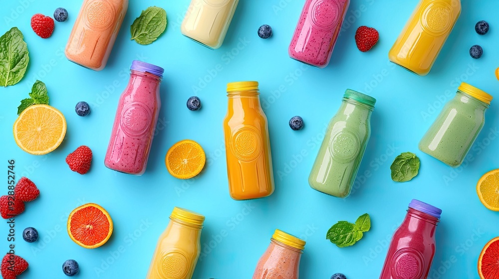 Poster Various colorful smoothies and juice bottles arranged on a vibrant blue background, representing superfoods, healthy diets, and detox drinks in a flat lay, top view.