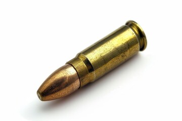 Bullet. Isolated 9mm Round Munition on White Background for Army and Gun Enthusiasts