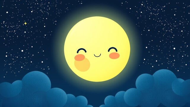 A cheerful cartoon moon with closed eyes smiles in a starry night sky, surrounded by fluffy clouds and twinkling stars.