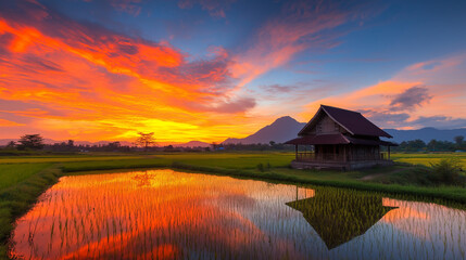 Fototapeta premium Peaceful countryside scene with sunset light