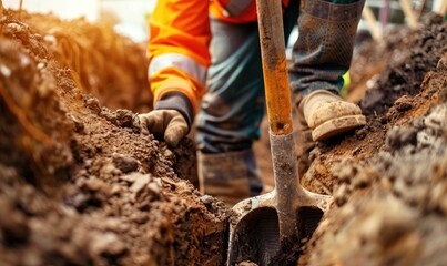 Naklejka premium shovel being used to dig into the earth, capturing the essence of labor and manual work in digging and construction