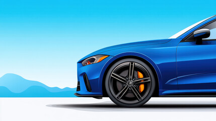 Naklejka premium A close-up side profile of a blue sports car featuring a black wheel with a bright orange brake caliper, set against a clear sky.
