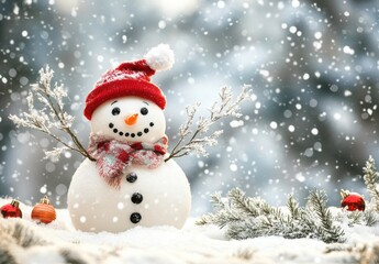 Fototapeta premium happy snowman character with branches and red hat in hand, standing on the white winter background