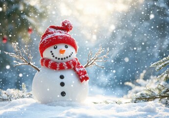 happy snowman character with branches and red hat in hand, standing on the white winter background