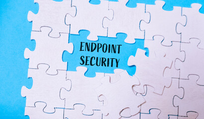 Fototapeta premium A jigsaw puzzle with a piece missing and the word Endpoint Security written in the gap. The puzzle is on a blue background