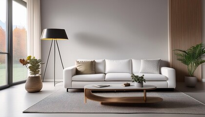 Modern Minimalist Living Room Interior Design With White Sofa And Floor Lamp