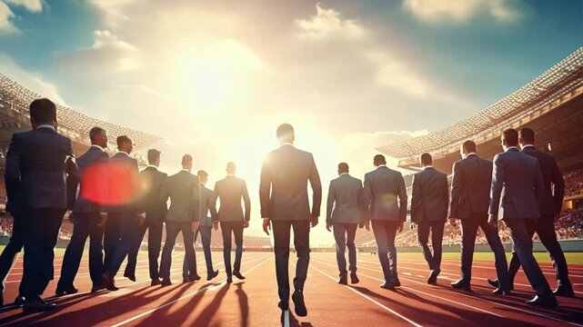 businessmen lined up at the starting point on a running track, ready to race towards the finish line, emphasizing the concept of business competition and ambition,generative ai