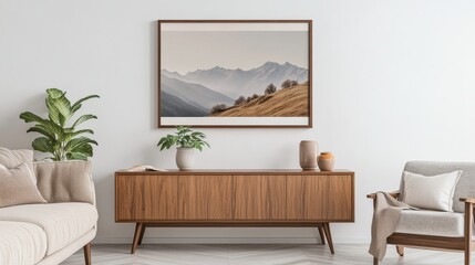 Framed landscape photo above wooden sideboard in mid-century modern living room