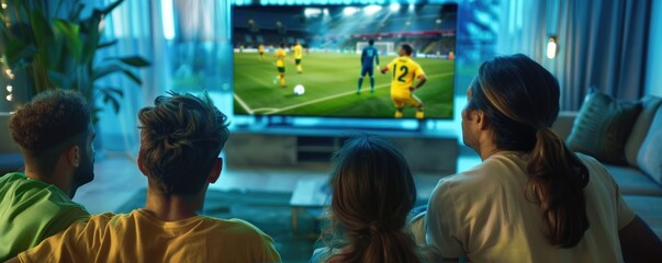 Family watching football match on TV in cozy living room. banner