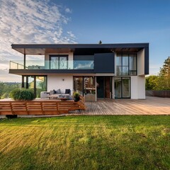 Modern Two Story House With Large Windows And Deck