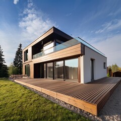 Modern Two Story House With Large Windows And Deck