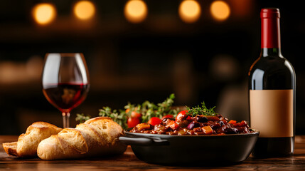 A rustic dinner table with a hearty stew, fresh bread, and a bottle of red wine