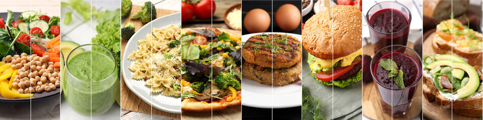 Assortment of vegetarian foods, collage. Banner design