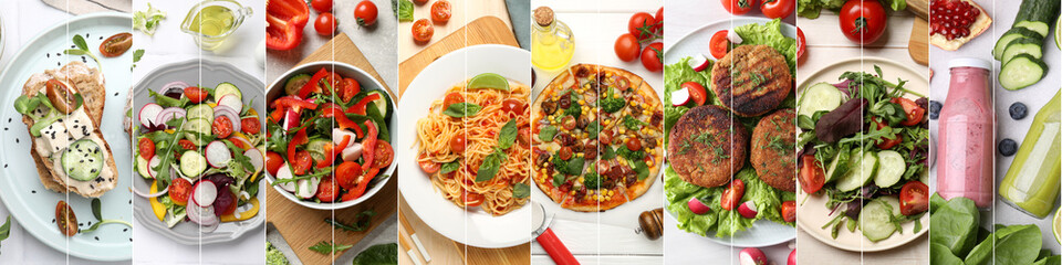 Assortment of vegetarian foods, collage. Banner design