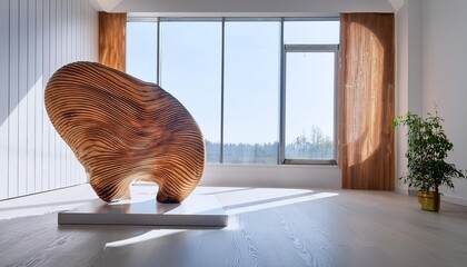 Modern Wood Sculpture in White Room with Big Window