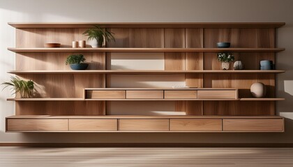 Modern Wooden Wall Unit with Built in Shelving and Drawers