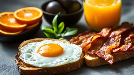 A rustic breakfast spread with eggs, bacon, toast, and freshly squeezed orange juice