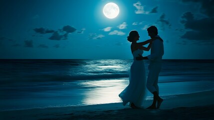 Couple dancing in moonlight on beach under starry sky