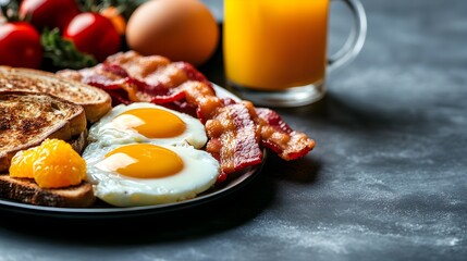 A rustic breakfast spread with eggs, bacon, toast, and freshly squeezed orange juice