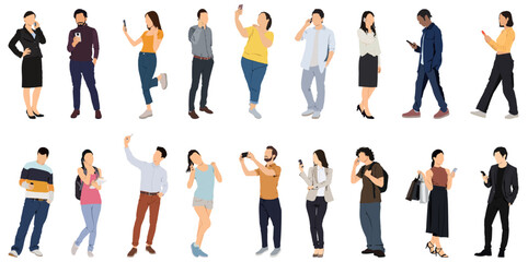 People using phones collection - Set of character illustrations with men and women talking and using smartphones while standing and walking. Flat design vector on white background