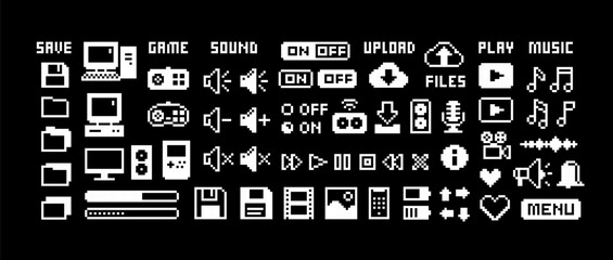 Retro Game Perfect pixel icons Set 8.  Pixel icons of media player buttons, PC, computer icons, music, sound volume, scale, media., sound wave, etc. Retro Video Game gamepad. Isolated vector © VRTX