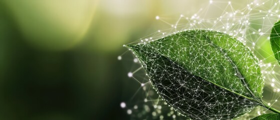 Futuristic Green Leaf with Digital Network Connections on a Blurred Natural Background