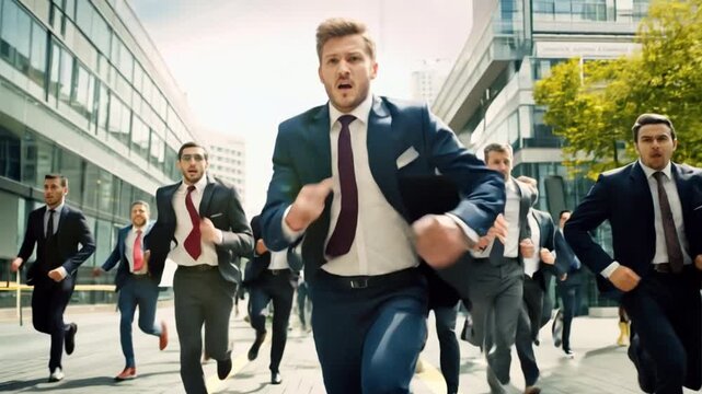 businessmen racing to the finish line on a track, highlighting the concept of business competition and the pursuit of success with dynamic realism,generative ai