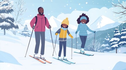 A family of three ski together through a snowy landscape under a clear blue sky