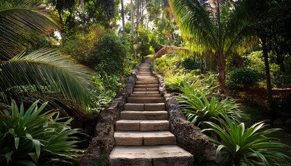 Obraz premium Stone Staircase Leading to Tropical Garden