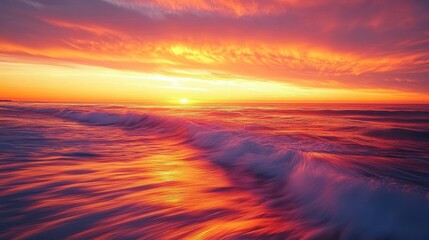 Fototapeta premium A vibrant sunset over the ocean, with waves reflecting warm colors in the sky.