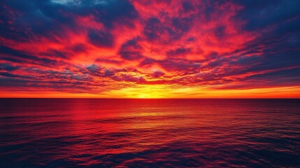 A vibrant sunset over the ocean, showcasing dramatic colors and serene water reflections.