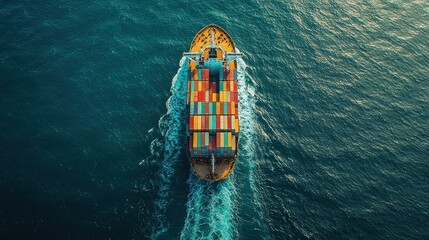 A large cargo ship navigates through the open sea surrounded by blue water and sunlight during midday