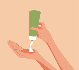  Vector illustration of female hands squeezing cream from a tube, care cosmetics, delicate pastel colors for advertising, website, banner, posters, cover