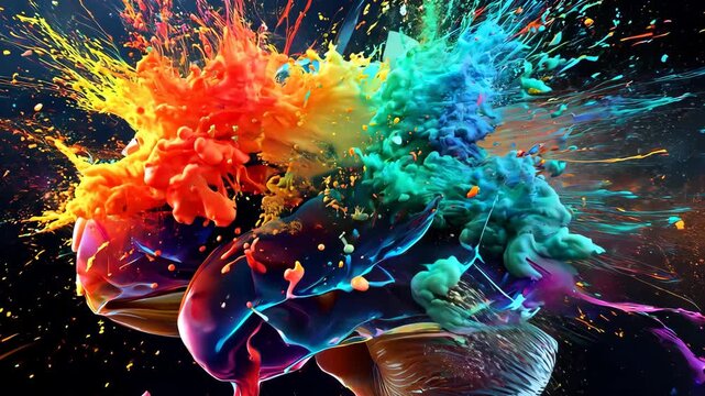Human brain exploding with colorful paint