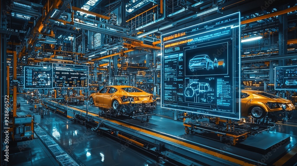 Poster a vibrant automotive assembly line features vehicles under construction with digital displays outlin