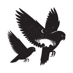 Obraz premium silhouette of Lovebird filled with nature night view in rough drawing