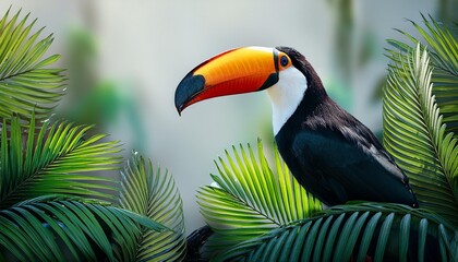 Fototapeta premium Tropical Toucan Bird in Jungle Leaves