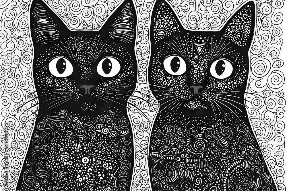 Poster Two black cats with expressive eyes sit side by side, surrounded by mesmerizing swirling patterns and intricate designs