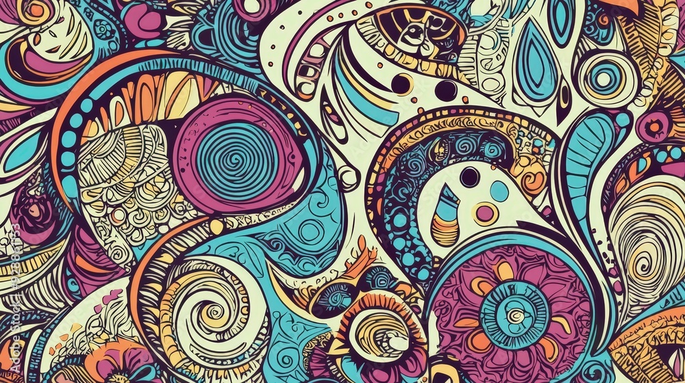 Fototapete A vibrant collection of swirling patterns and shapes fills the canvas, showcasing a dynamic blend of colors and intricate details