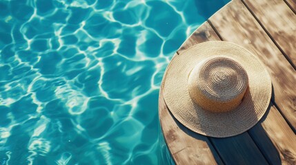 Straw hat resting on wooden deck by swimming pool on sunny summer day