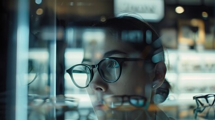 Obraz premium Female client of an optical salon is looking for new glasses while browsing the display shelves