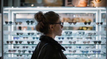 Female client of an optical salon is looking for new glasses while browsing the display shelves