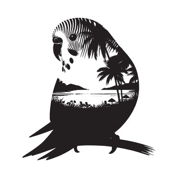 recommend clip art: silhouette of Lovebird filled with ocean beach view with palm tree in rough drawing
