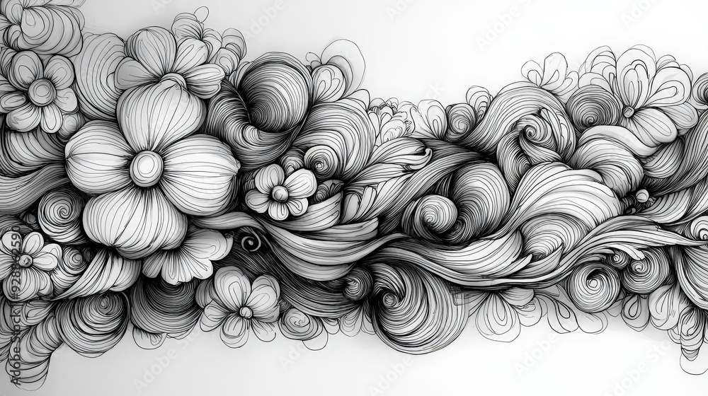 Aufkleber a detailed floral design features swirling lines and shapes, blending flowers and curls in a monochr