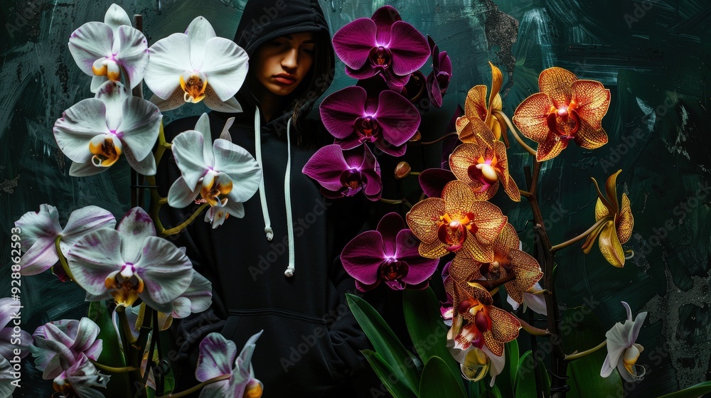 Poster A person in a black hoodie poses silently amidst a striking array of colorful orchids, creating a dramatic contrast in the dim lighting